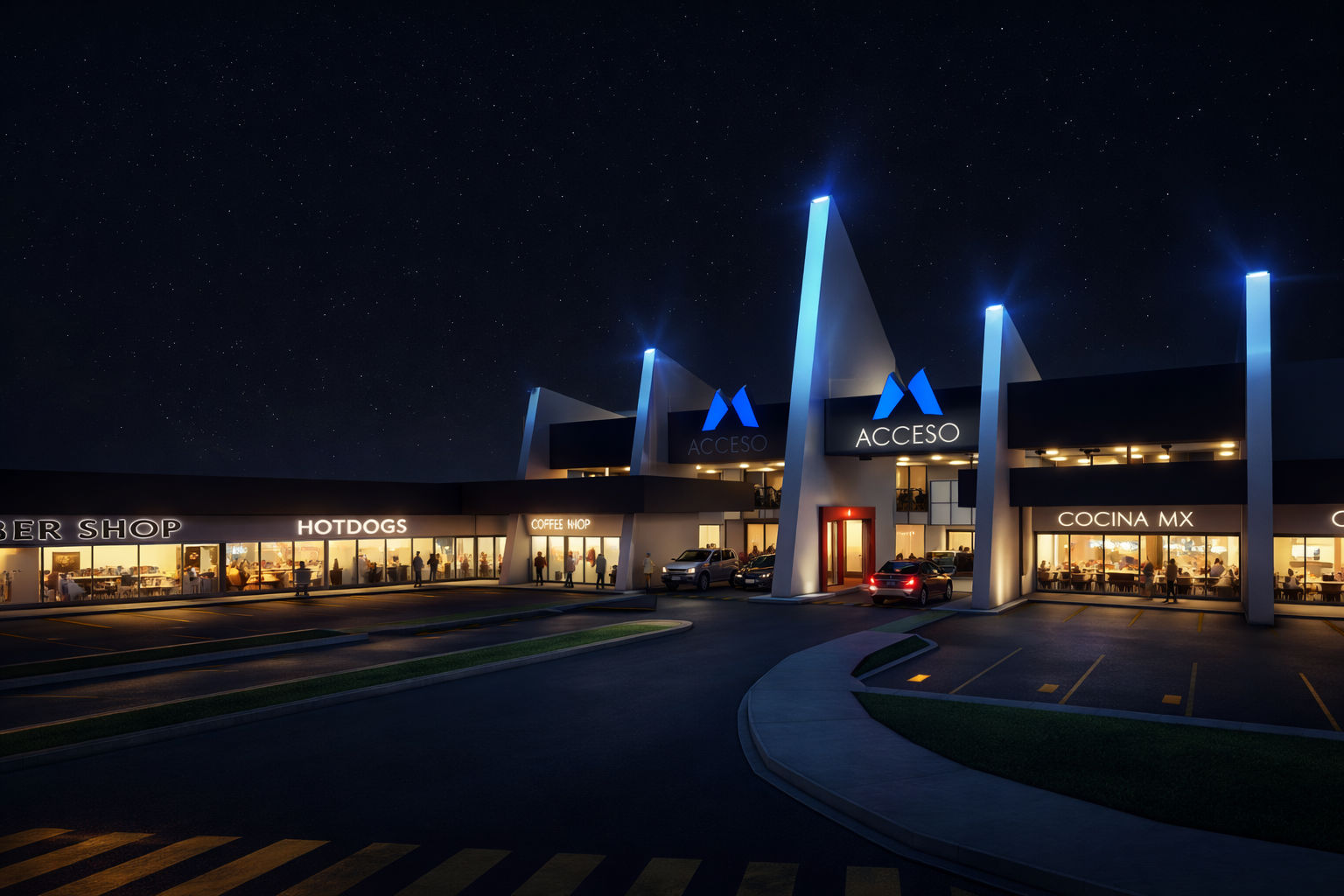 Fachada de META Industrial Park de noche